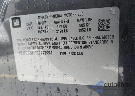 2011 Chevrolet Cruze Ls z USA, uszkodzony, nr VIN 1G1PC5SH8B7227994